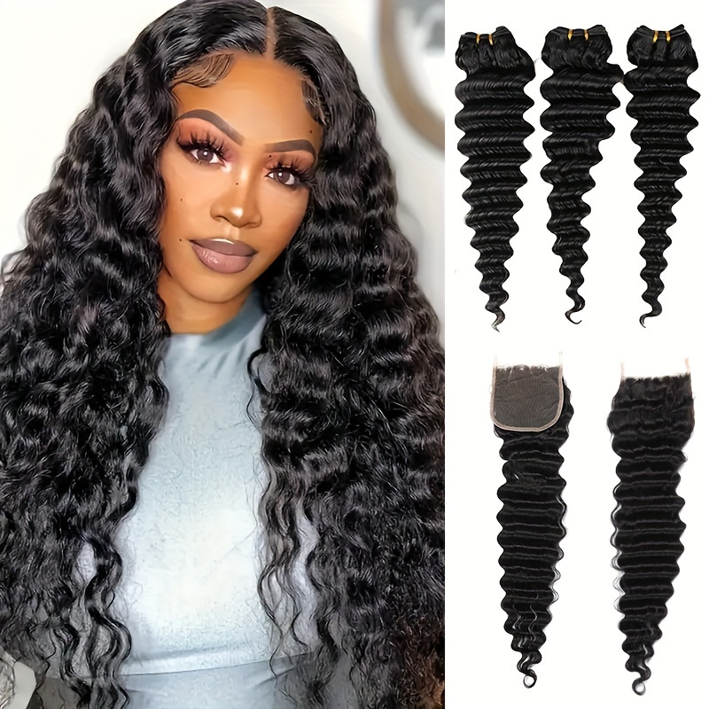 Rambut Brazilian Deep Wave den - Deep Wave 3 Bundles With Closure ulasan dan harga